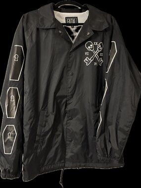 Fatal Small Men’s Black Flannel Lined Windbreaker Jacket with Coffin Skull Theme
